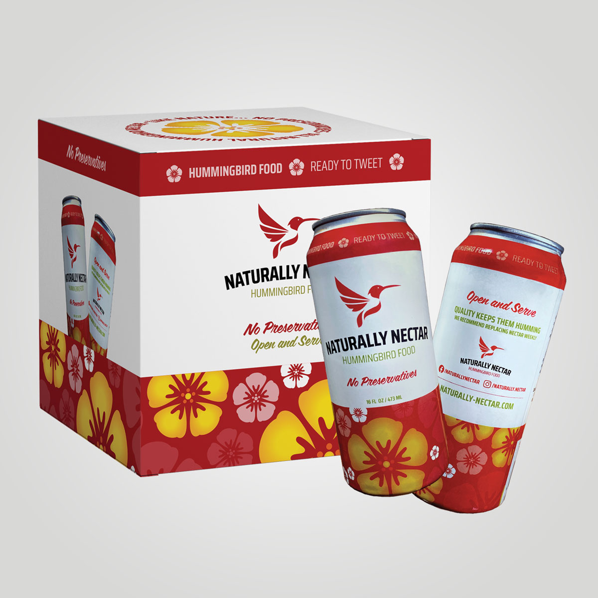 A box of Naturally Nectar with two cans in front of it. One shows the front and one the back.